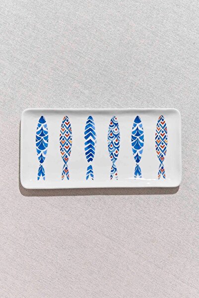 Paşabahçe Fish Porcelain Rectangular Serving Plate Blue White, Serving Plate,...