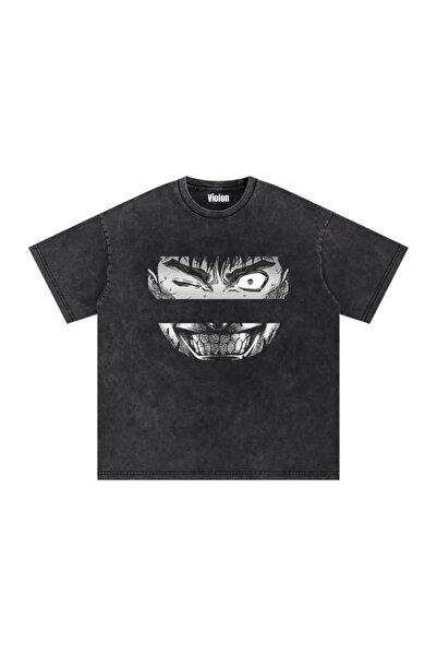 Violon Tricou oversize unisex cu imprimeu Manga Angry Smile, negru, lavabil