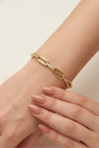 MatmazelLavinya CM Jew 14K Gold Ataç Model Zirkon Taşlı Çelik Bileklik
