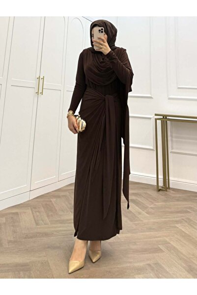 bezenstore BELDEN PARÇA DETAYLI SANDY KAHVERENGİ ELBİSE