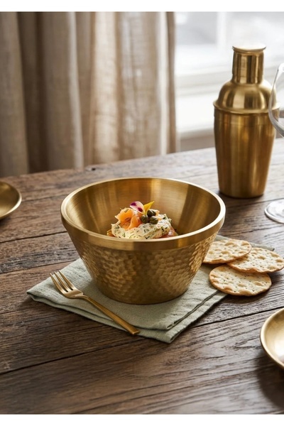 CEZVE HOME Gold Stainless Steel Forged Patterned Presentation Bowl Salad Frui...