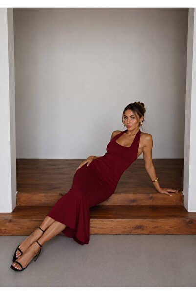 FRO FASHİON Fit Kesim Boyundan Bağlamalı Maxi Elbise