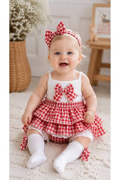 TREND NATURAL Baby Girl 4-Piece Summer Set Cotton Badi Ruffle Shorts Skirt Hair Band and Socks Pink Red Blue