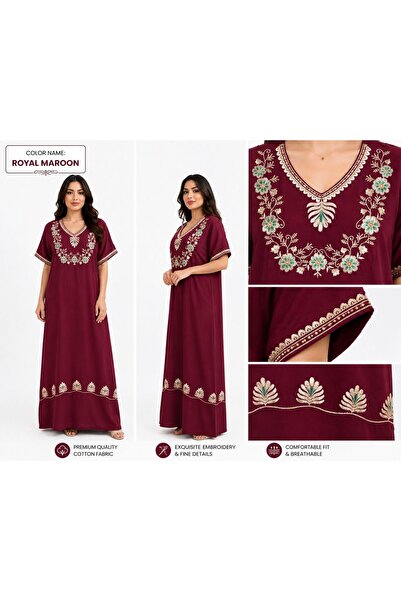 AYOUSH Women's Long Cotton Embroidered Gown - Short Sleeves - Comfortable Ori...
