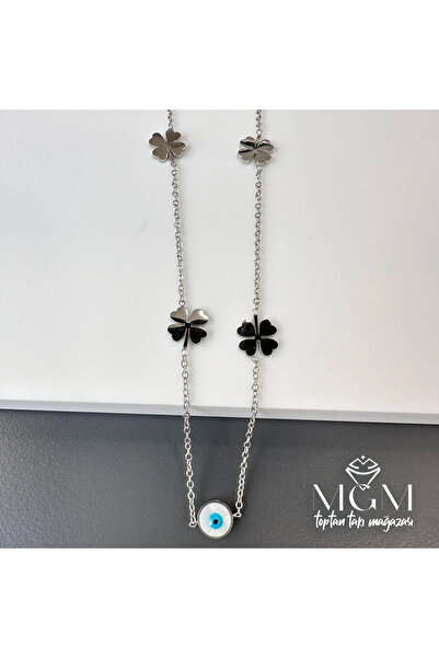 Inure Jewelry Steel Clover Evil Eye Beaded Necklace - Kl0050