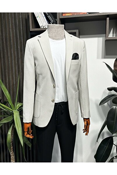 leonmen Slim Fit Monogram Collar Striped Classic Men's Blazer Jacket