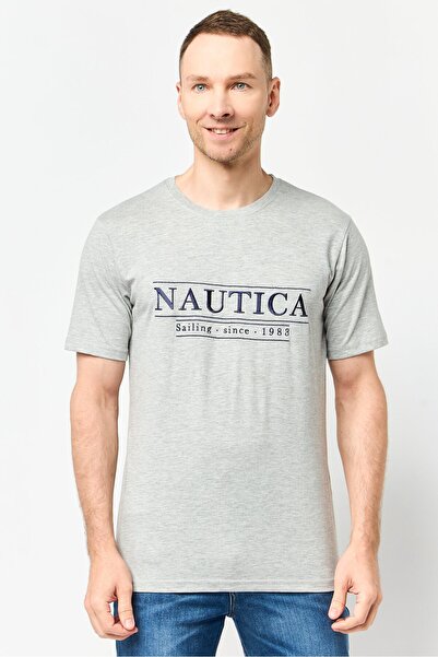 Nautica Men Crew Neck Short Sleeve Embroidered Logo T-Shirt, Grey