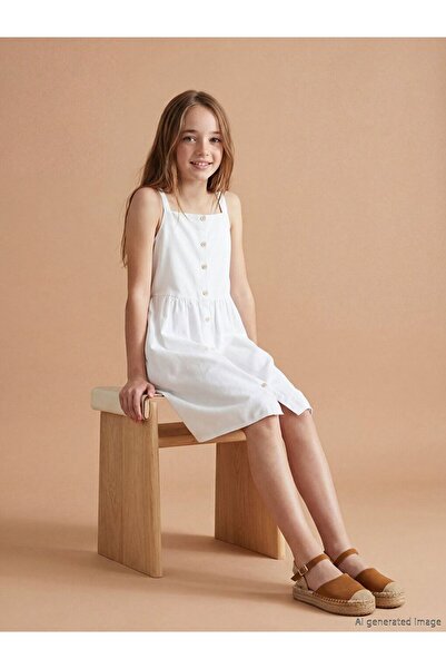LC Waikiki Lcw kids white square neck strap girl's poplin dress