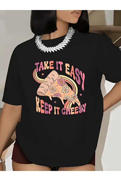 NOURAM قميص رياضي نسائي غير رسمي مع طباعة بيتزا ممتعة بعبارة "Take Easy, Keep...