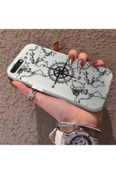 SLIMFELT iPhone 7 Plus/8 Plus Uyumlu Sade siyah çizgi harita pusula baskılı y...