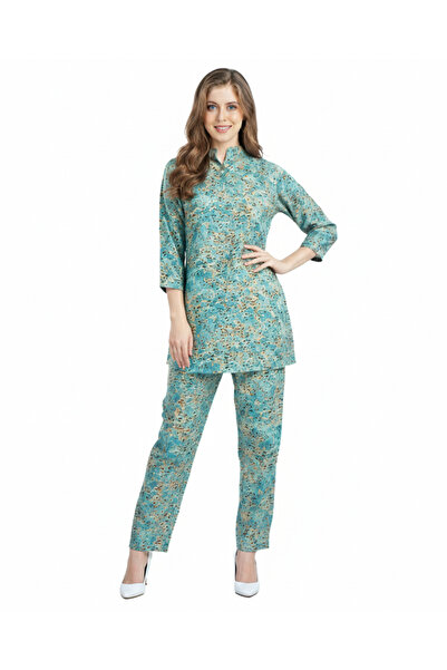 RIZQE Teal Floral Print Rayon Kurti Set & Pant Co-ord Sets | Modest Elegant Wear