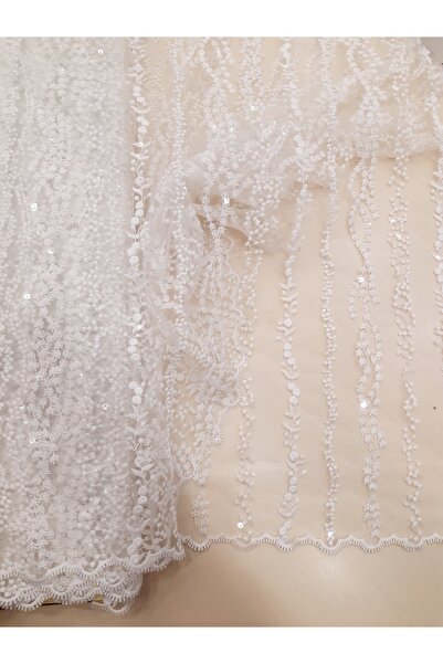 Safir Kumaş Gelinlik ve Nikah Kıyafeti İçin Çıtır Çİzgi Desen Pul İşlemeli Da...