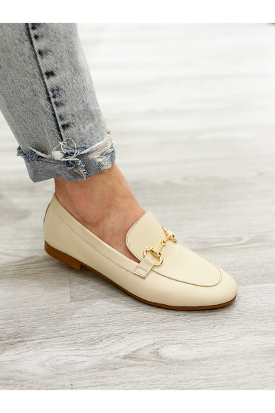 the corleone Kadın Bej Hakiki Deri Tokalı Maskülen Loafer Ayakkabı Modeli