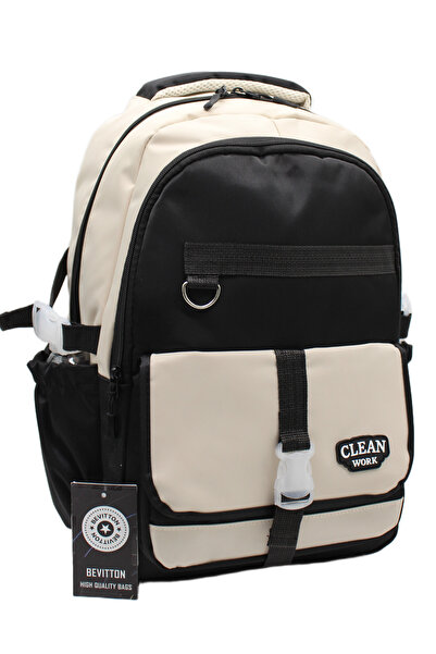 Bevitton 26012 Multi-Compartment Beige-Black School Backpack Unisex School Bag