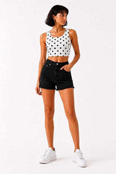 penyebizden Polka Dot Strappy Crop Top-White