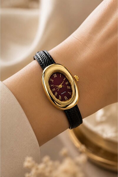 GANYMET Morv Women's Gold Oval Case Burgundy Dial Black Leather Band Vintage ...
