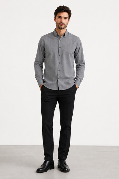 bihan store Men's Classic Long Sleeve Plaid Shirt - Ek 1111 - Gray