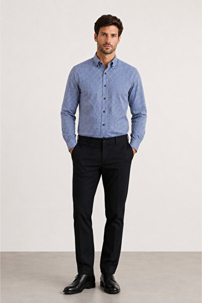 bihan store Men's Classic Long Sleeve Plaid Shirt - Ek 1111 - Blue