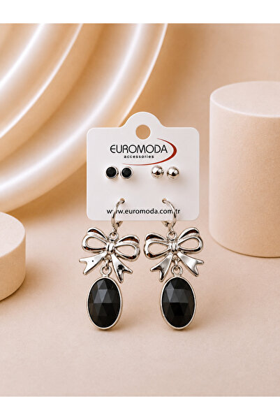 EUROMODA Fiyonk Oval Detaylı Büyük Siyah Kristal Taşlı 3'lü Sallantılı Küpe Seti