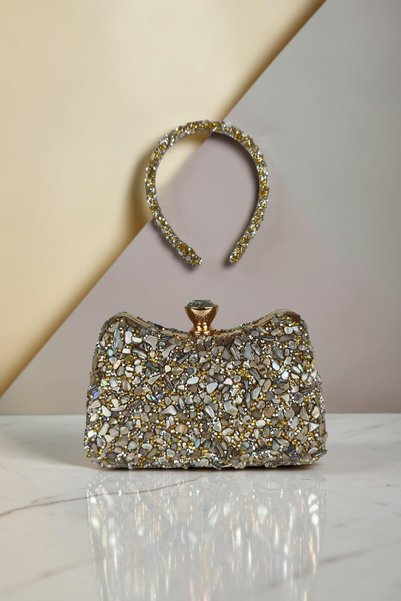 DNC Art&Deco Gray Gold Sparkling Evening Dress Bag Portfolio with Crown Gift - Special Design Broken Stone Detailed Evening Bag and Crown Combination Set