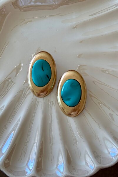 Trendy Butik Turquoise Stone Matte Colored Oval Bohemian Earrings