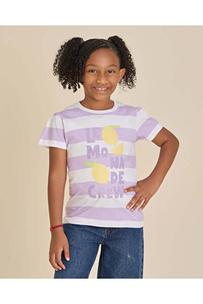 REDTAG Girls White & Lilac Striped Printed T-shirt