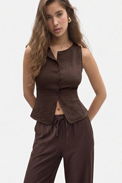 VODENS Coffee Buttoned Tie-Up Sleeveless Top Vest