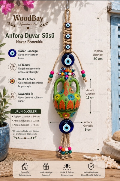 WoodBay El Yapımı Nazar Boncuklu Anfora Duvar Süsü 50 cm – Seramik Anfora Dek...