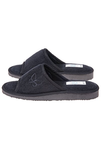 Amaryllis Slippers Γυναικεία ανοιχτή μαύρη βαμβακερή πετσετέ ελληνική παντόφλα