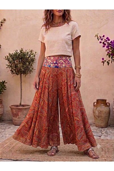 AYASOFYA OTANTIK Women's Indian Elastic Waist Ethnic Patterned Silk Trousers ...