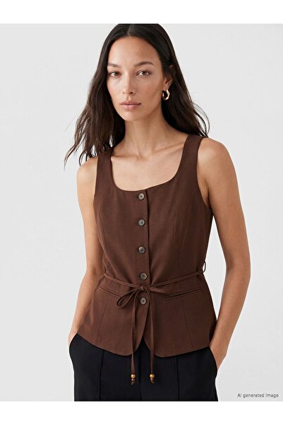 LC Waikiki Lcw Everyday Brown Belted Linen Blend Women's Classic Vest