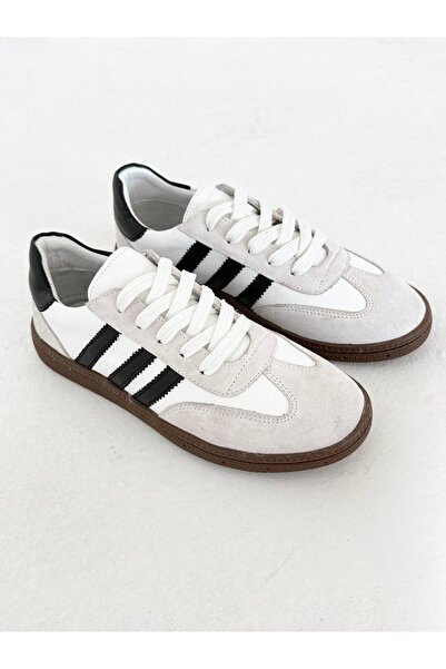 Hakiki Deri Üç Çizgili Beyaz Kadın Sneaker Bağcıklı Günlük Spor Ayakkabı