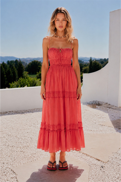 Miss Boheme Coral Color Strappy Backless Imported Bohemian Dress