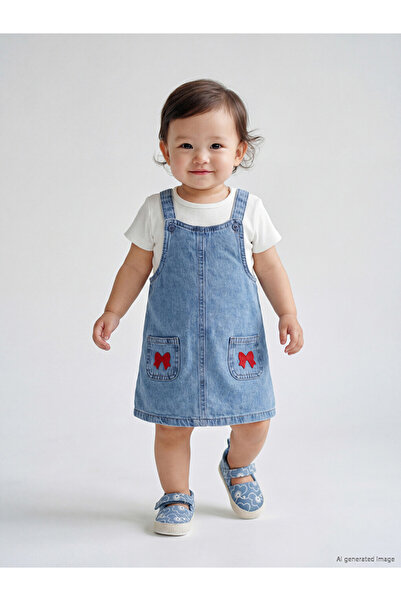 LC Waikiki Lcw Baby Blue Bowknot Baby Girl Jean Salopet Dress