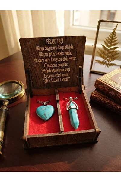 Meneva Aksesuar Turquoise Stone Natural Stone Double Necklace Set with Wooden...