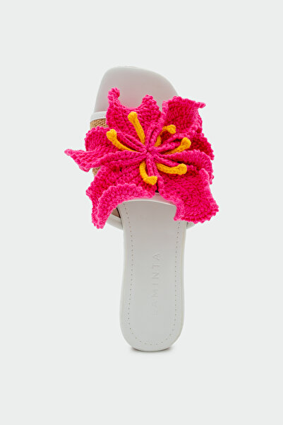 LAMİNTA Mojeh Handmade Floral Detailed Women's Fuchsia Flat Slippers