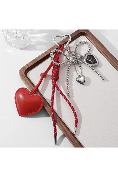 Choice1 red Trendy Leather Heart Bow Keychain Delicate Beaded Keyring Car Key...