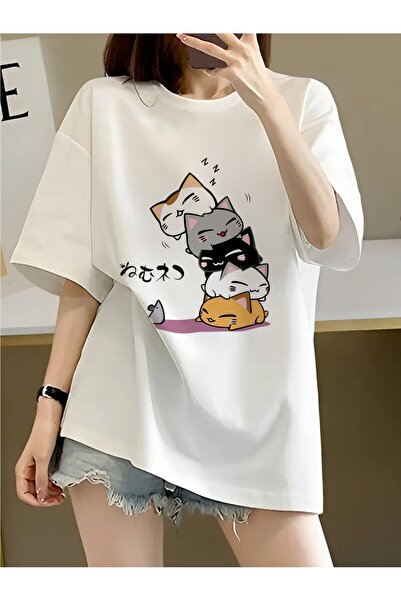 2mcup Summer Cute Cartoon Cat Print Women'S Long T-Shirt, Casual Loose Round-...