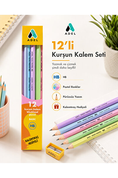 Adel Basic Pastel 12’li HB Kurşun Kalem Seti | Kalemtıraş Hediyeli | Renkli G...