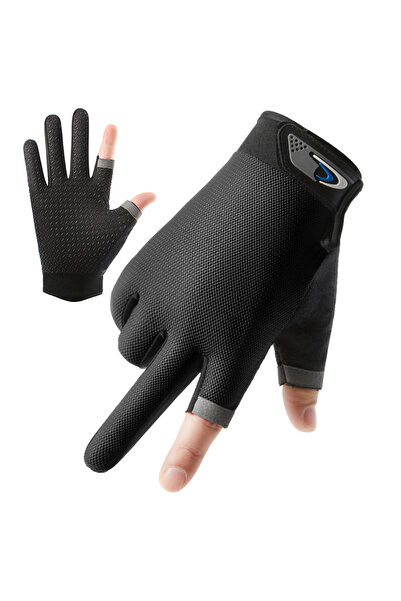 Choice10 Two Black Summer Men Fishing Gloves Women Two Finger Cut Male Touchs...