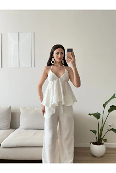 Zoom Butik Boyun Bağlamalı Müslin İkili Takım - BEYAZ