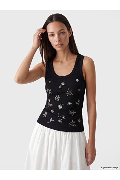 LC Waikiki Lcw Everyday Black Crew Neck Embroidered Women's Tank Top