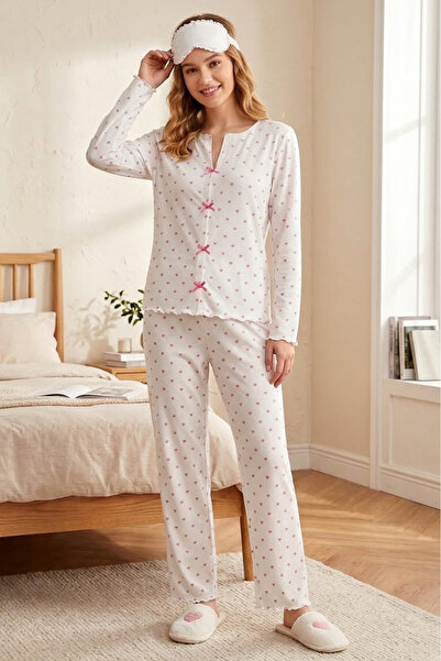 TOFİSA Long Sleeve Buttoned Pajama Set Pink - 28592-Pink