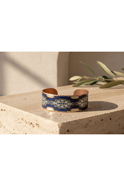 Erol Bakır Copper Blue Anatolian Kilim Patterned Wide Adjustable Clamp Bracelet