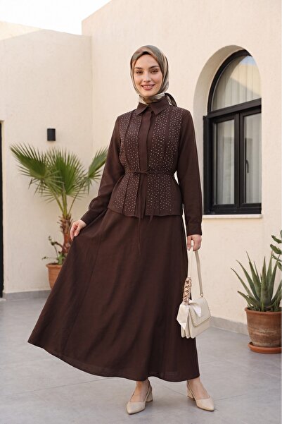 HİJABAYA Polyviscon Suit with Stone Detail on the Front, Belted Skirt and Lining
