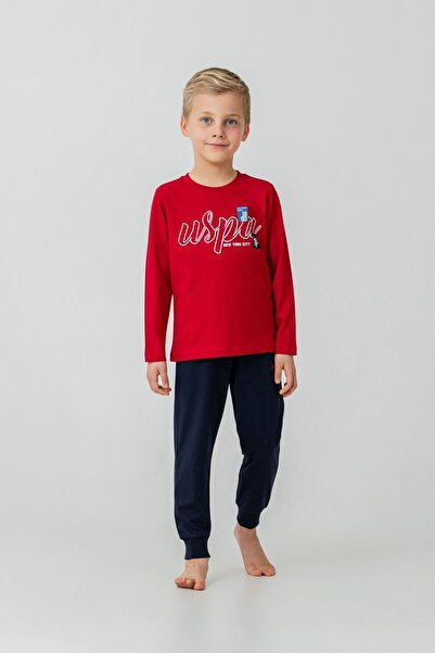 U.S. Polo Assn. طقم بيجامة للأولاد مطبوع باللون الأحمر بأكمام طويلة US2635-C-V1