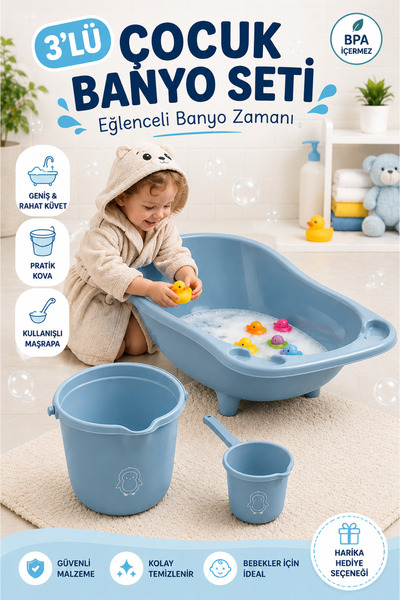 Funny Life 3'lü Çocuk Banyo Seti Bebek Küveti Kova Maşrapa BPA Free Banyo Seti