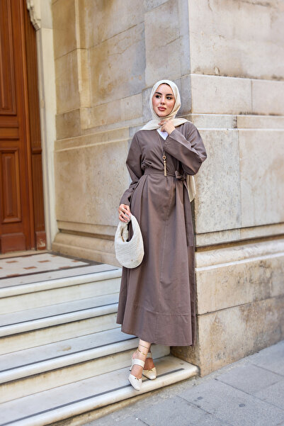 LOCCO Women's V-Neck Waist Tie Linen Dress Brown