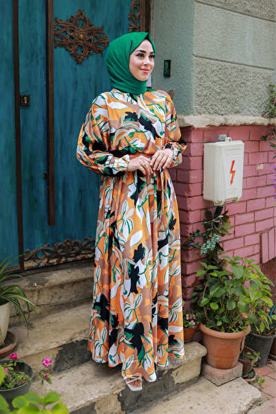 suffemoda Patterned Satin Women's Hijab Dress with Elastic Waistband and Belt...