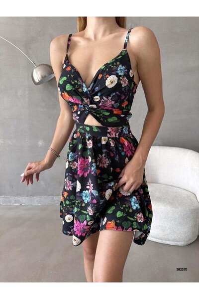 Modafeminen Black Patterned Chest-Cut Mini Dress 582570